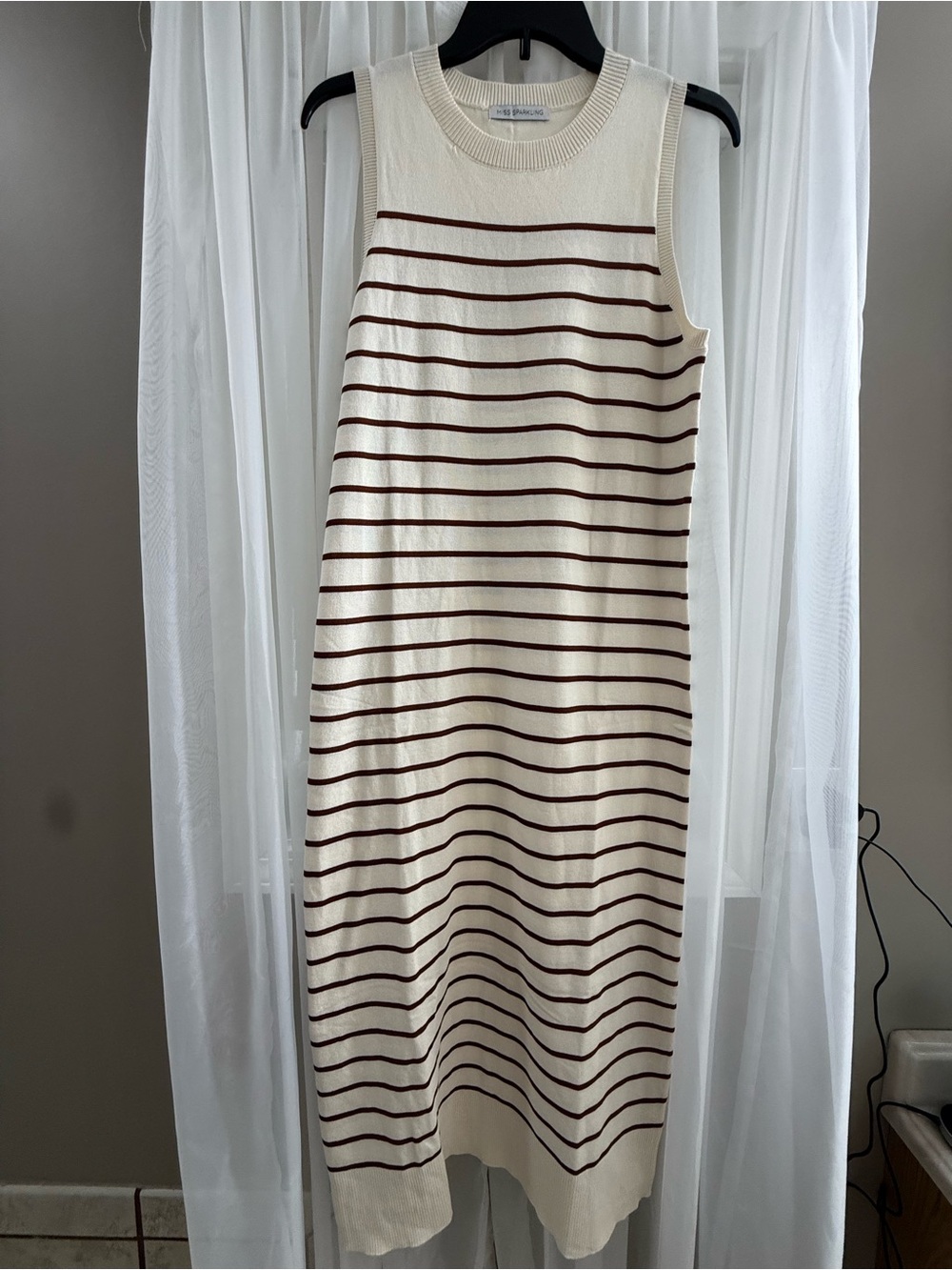 Sleeveless Cream Midi Dress with Brown Stripes
